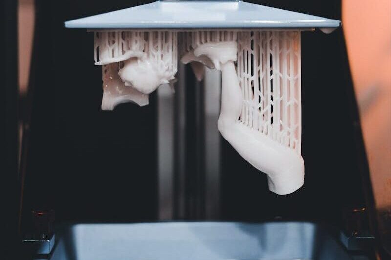 High-quality close-up of a 3D printer printing an object with resin.